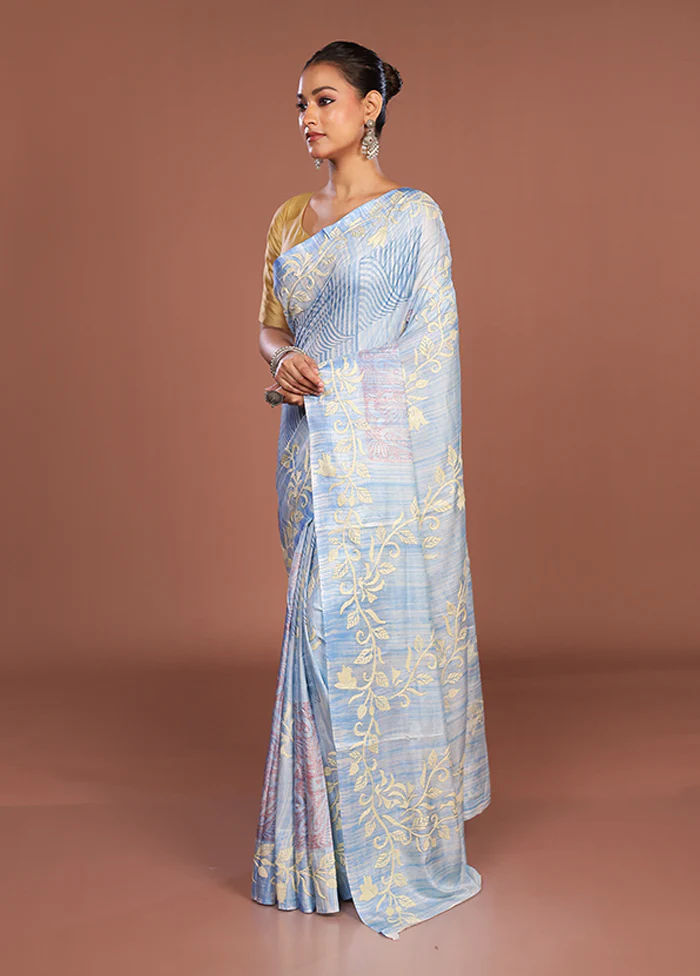 Blue Kantha Stitch Silk Saree With Blouse Piece - Image 4