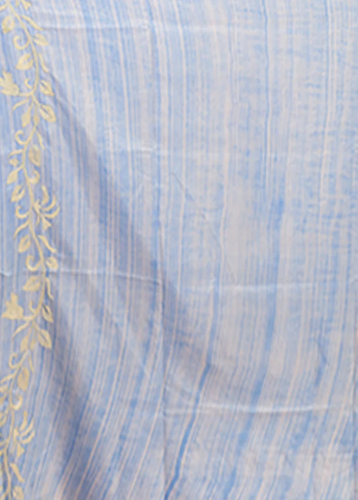 Blue Kantha Stitch Silk Saree With Blouse Piece - Image 5