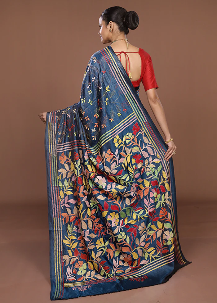 Blue Kantha Stitch Silk Saree With Blouse Piece - Image 3