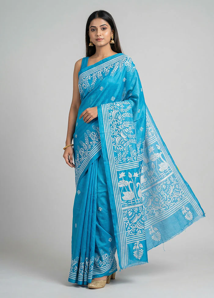 Blue Kantha Stitch Silk Saree With Blouse Piece