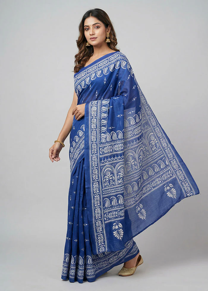 Blue Kantha Stitch Silk Saree With Blouse Piece
