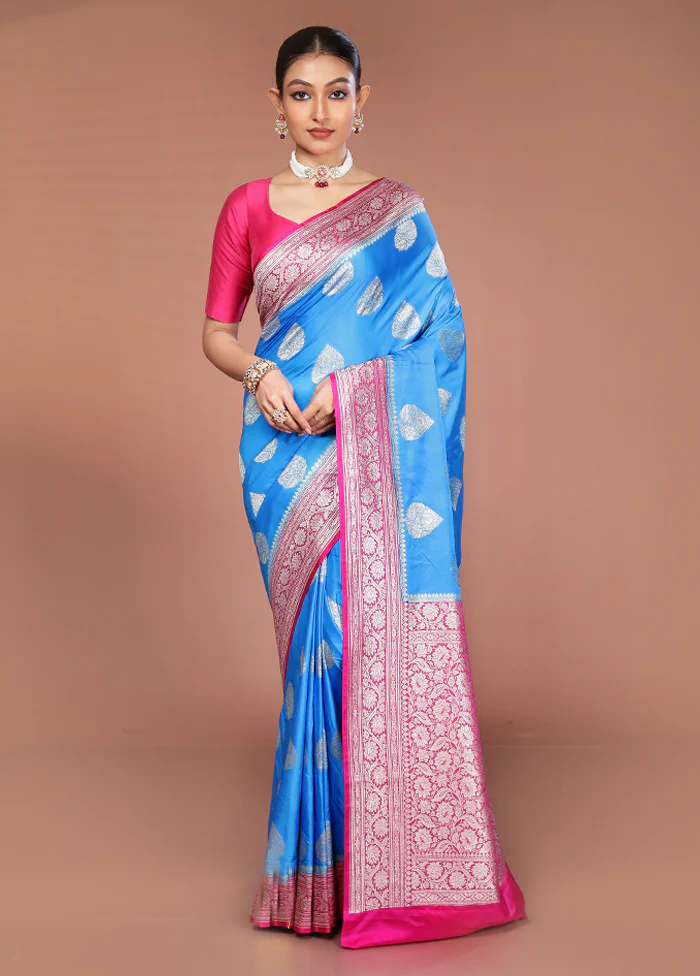 Blue Katan Silk Saree With Blouse Piece - Image 2