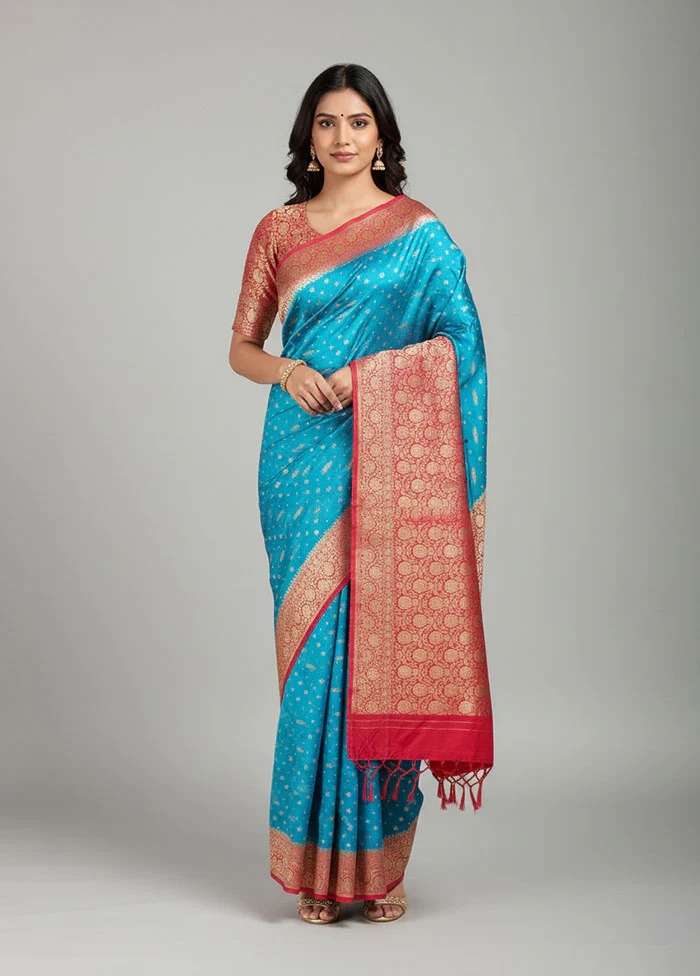 Blue Katan Silk Saree With Blouse Piece