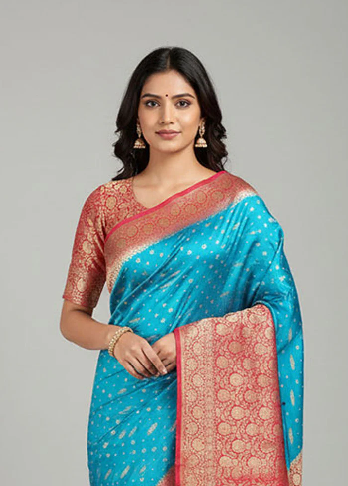 Blue Katan Silk Saree With Blouse Piece - Image 2
