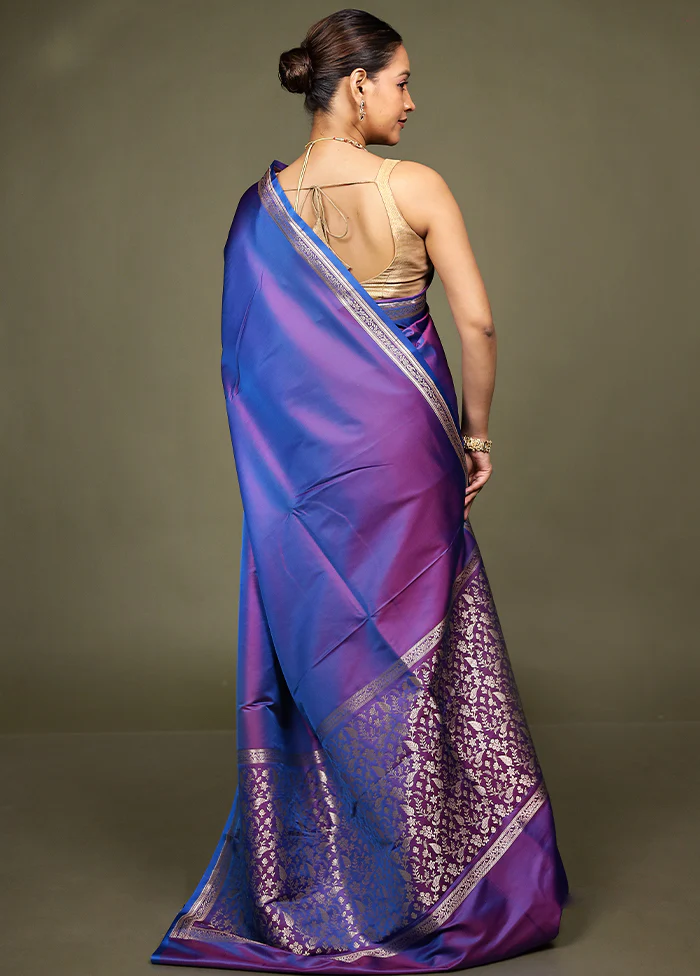 Blue Katan Silk Saree With Blouse Piece - Image 3