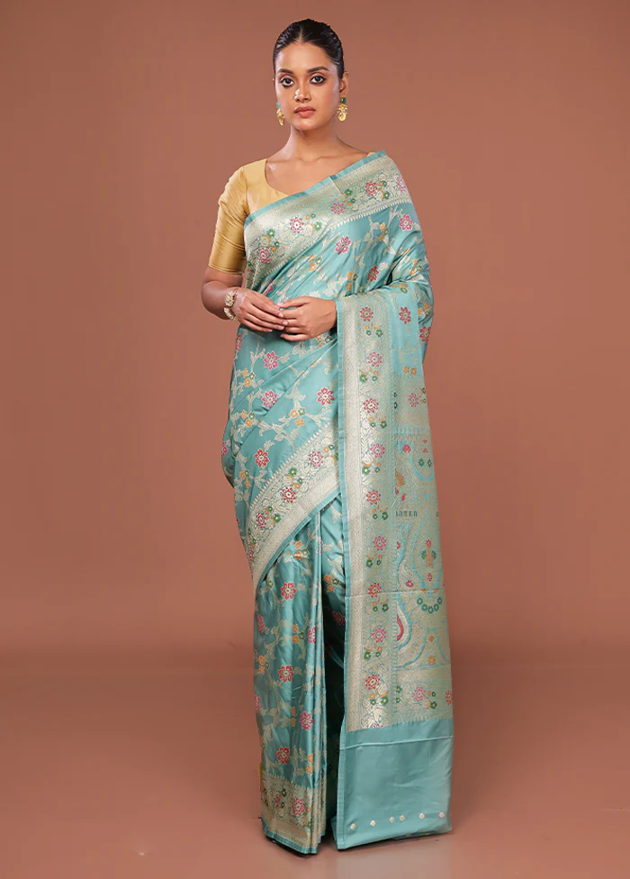 Blue Katan Silk Saree With Blouse Piece - Image 2
