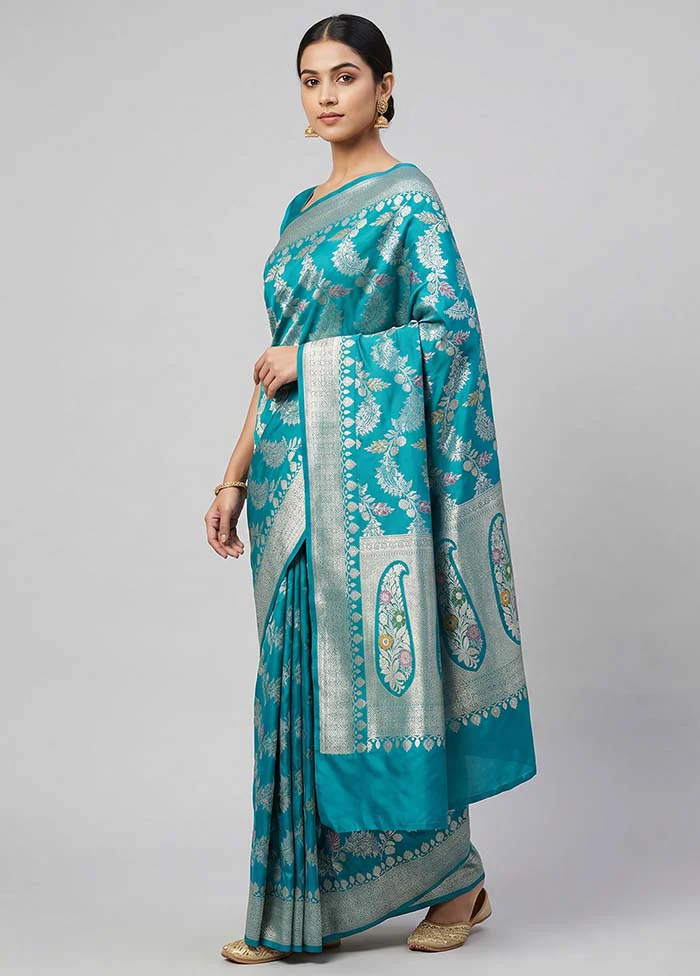 Blue Katan Silk Saree With Blouse Piece