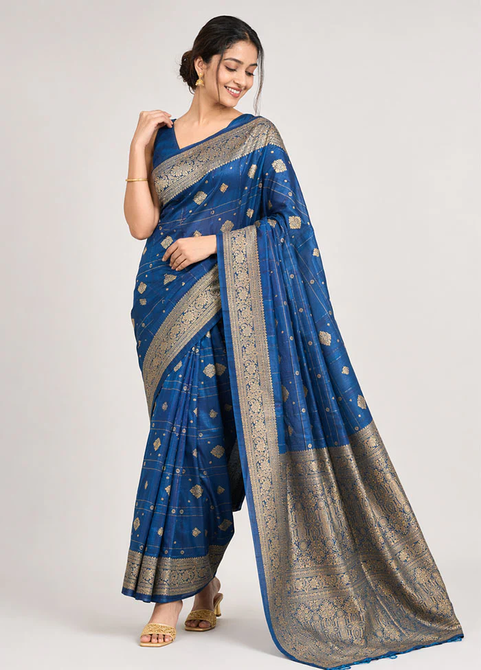 Blue Katan Silk Saree With Blouse Piece