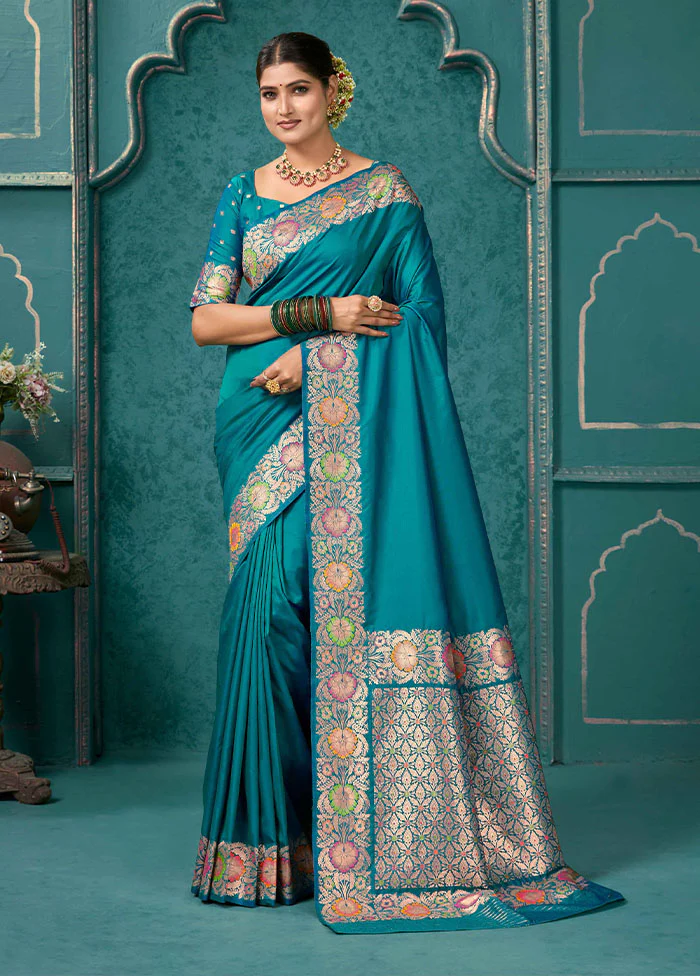 Blue Katan Silk Saree With Blouse Piece