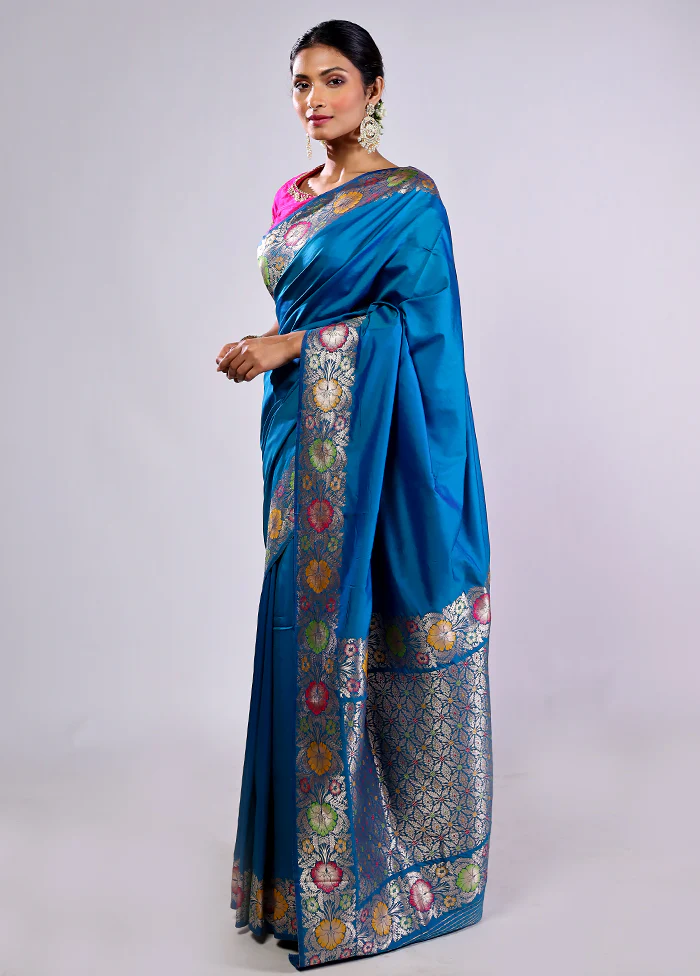 Blue Katan Silk Saree With Blouse Piece - Image 5