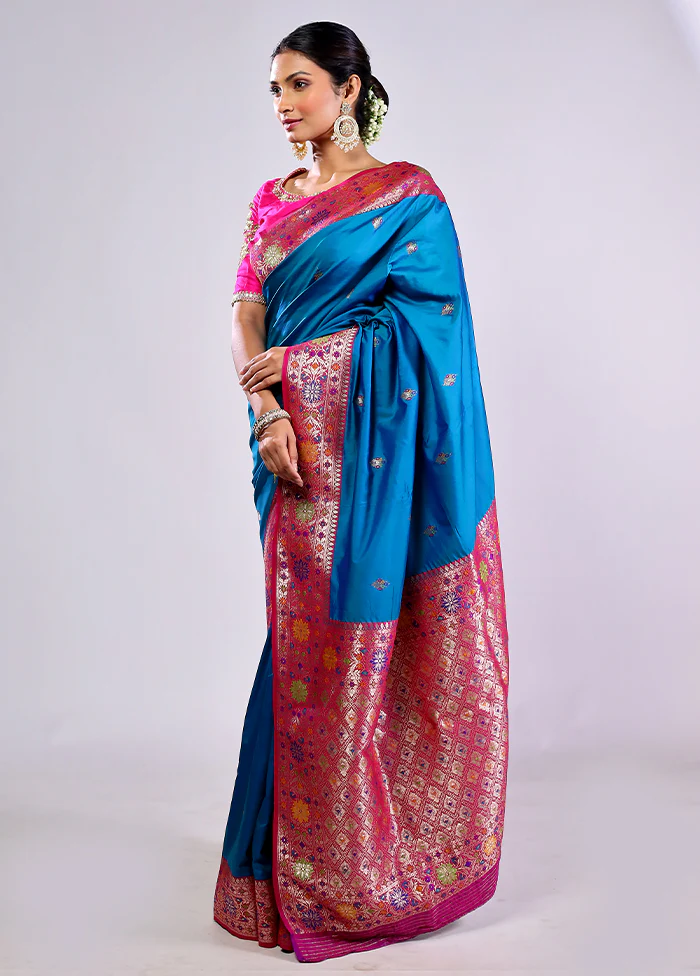 Blue Katan Silk Saree With Blouse Piece - Image 5