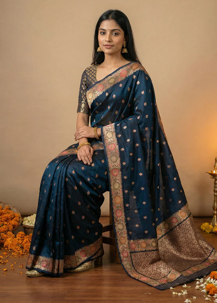 Blue Katan Silk Saree With Blouse Piece - Image 3