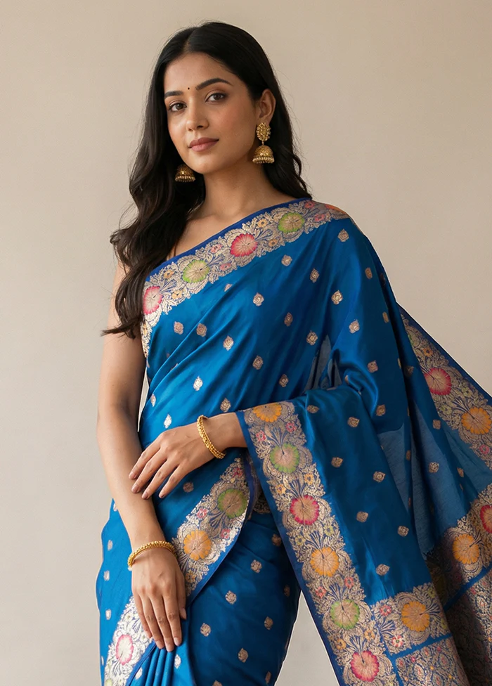 Blue Katan Silk Saree With Blouse Piece - Image 2