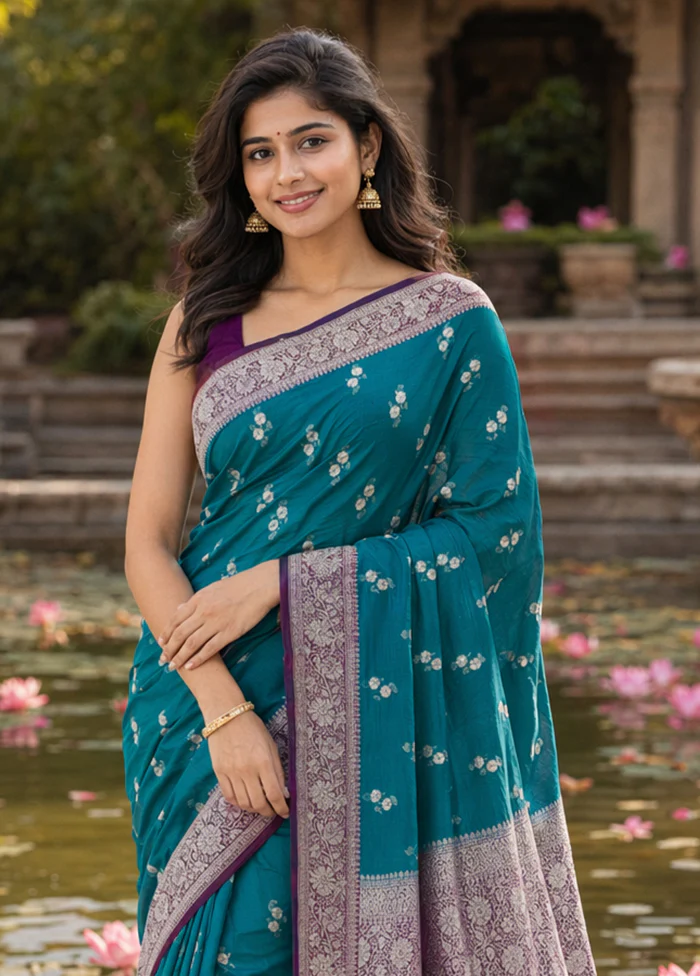 Blue Katan Silk Saree With Blouse Piece - Image 2