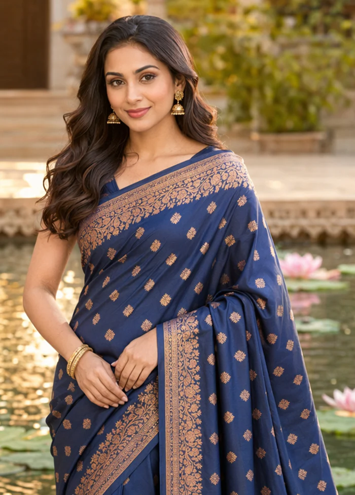 Blue Katan Silk Saree With Blouse Piece - Image 2