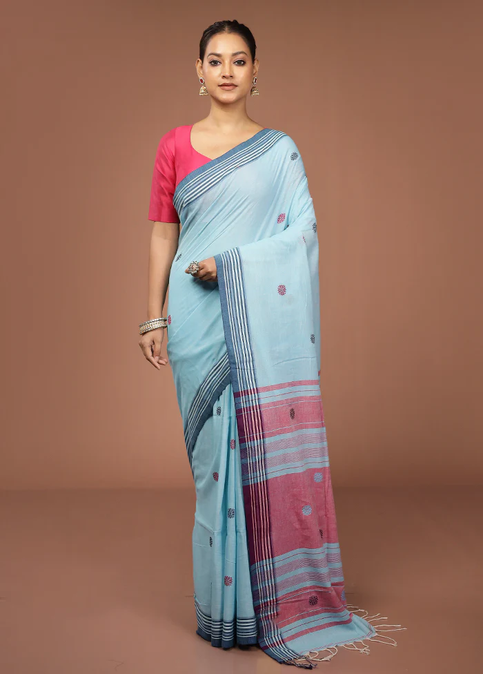 Blue Khadi Cotton Saree With Blouse Piece - Image 2