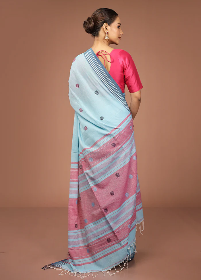 Blue Khadi Cotton Saree With Blouse Piece - Image 3