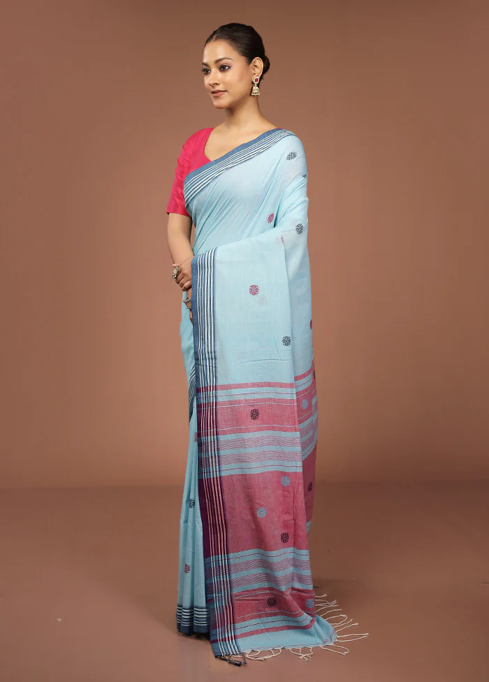 Blue Khadi Cotton Saree With Blouse Piece - Image 4