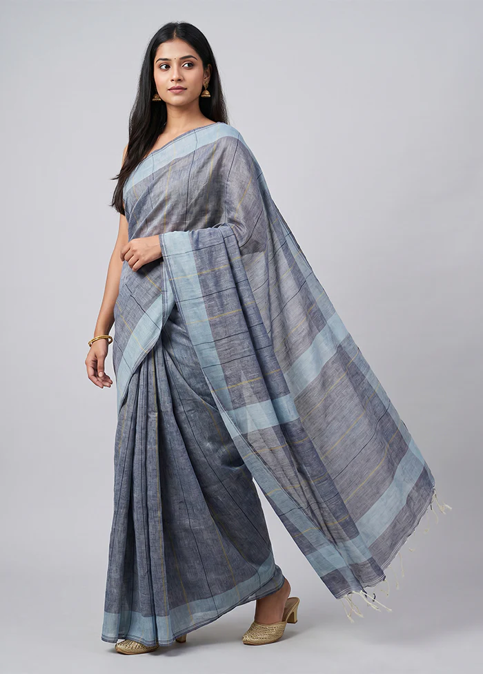 Blue Khadi Cotton Saree With Blouse Piece