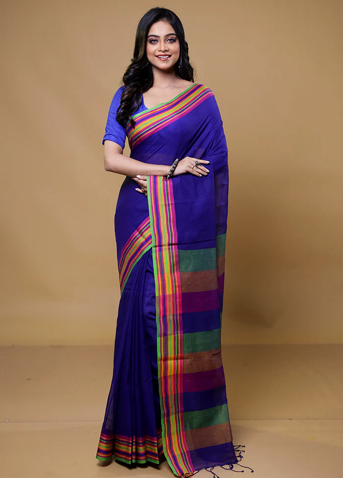 Blue Cotton Saree With Blouse Piece - Image 2