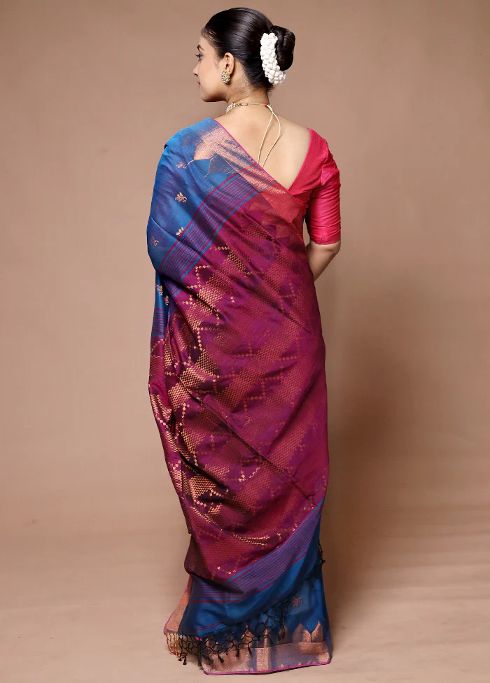 Blue Cotton Saree With Blouse Piece - Image 3