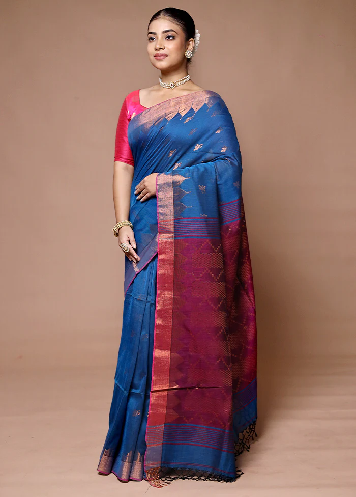 Blue Cotton Saree With Blouse Piece - Image 4