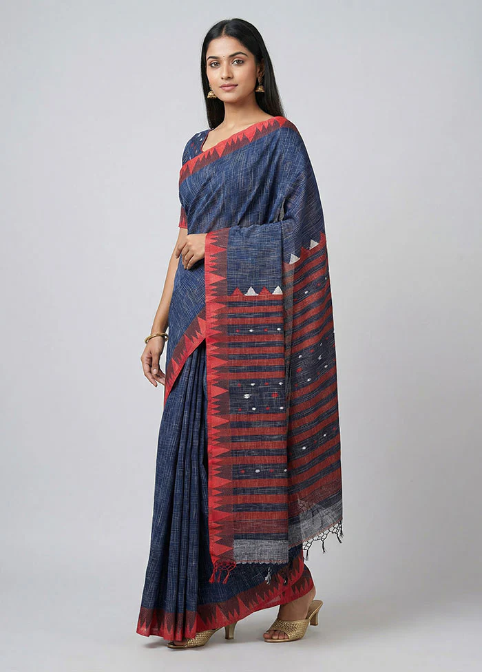 Blue Khadi Cotton Saree With Blouse Piece