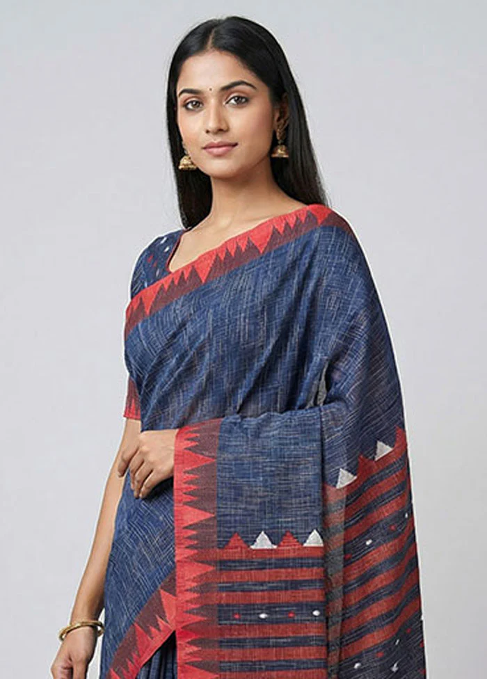 Blue Khadi Cotton Saree With Blouse Piece - Image 2