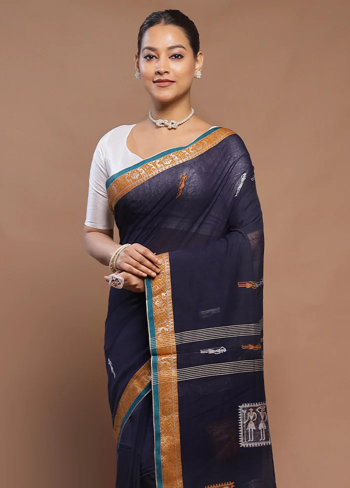 Blue Cotton Saree With Blouse Piece - Image 2