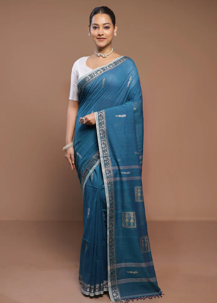 Blue Cotton Saree With Blouse Piece