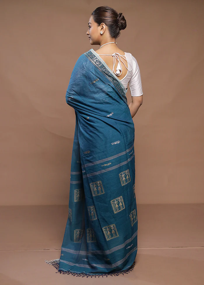 Blue Cotton Saree With Blouse Piece - Image 3