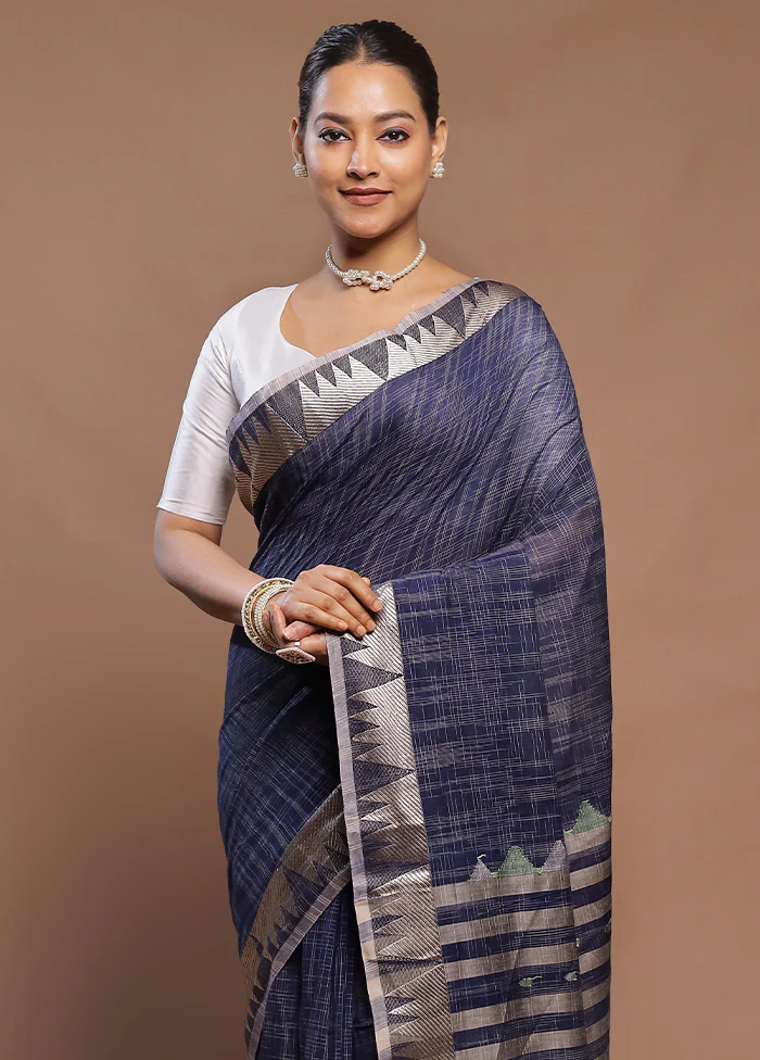 Blue Cotton Saree With Blouse Piece - Image 2