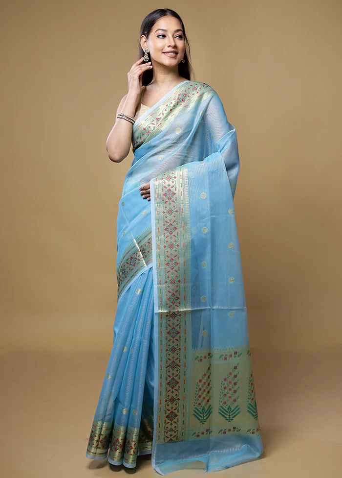 Blue Kora Silk Saree With Blouse Piece - Image 2