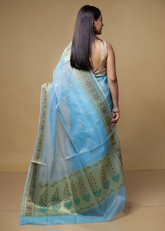 Blue Kora Silk Saree With Blouse Piece - Image 3