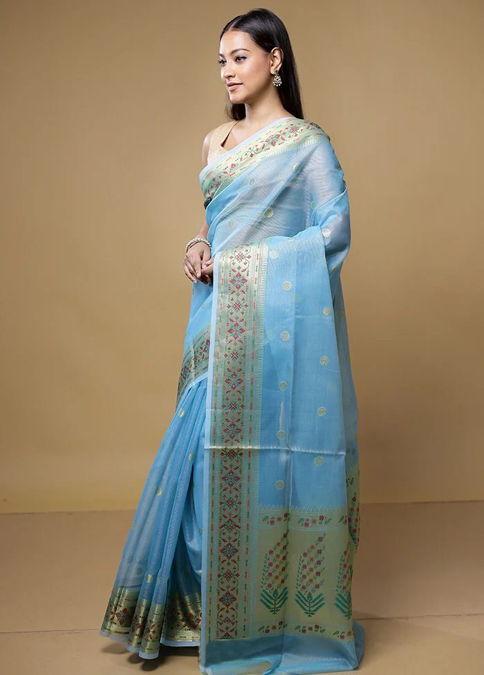 Blue Kora Silk Saree With Blouse Piece - Image 4