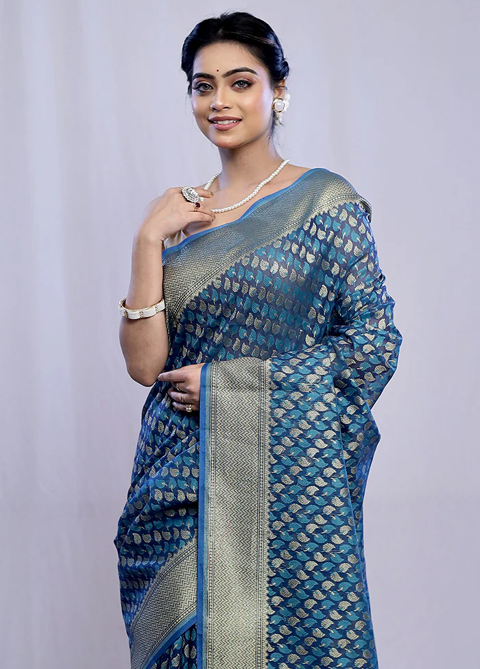 Blue Kora Silk Saree With Blouse Piece