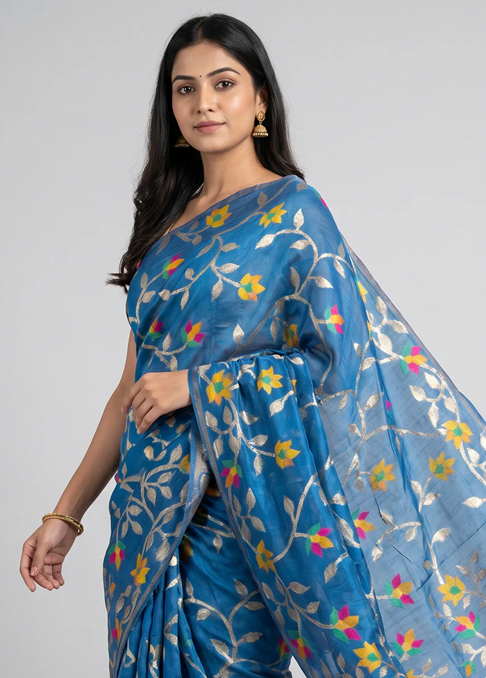 Blue Kora Silk Saree With Blouse Piece - Image 2