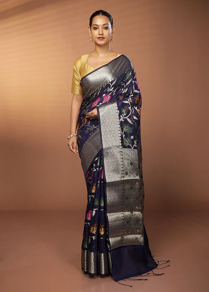 Blue Kora Silk Saree With Blouse Piece - Image 2