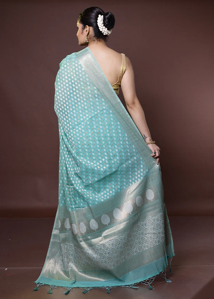 Blue Kora Silk Saree With Blouse Piece - Image 3
