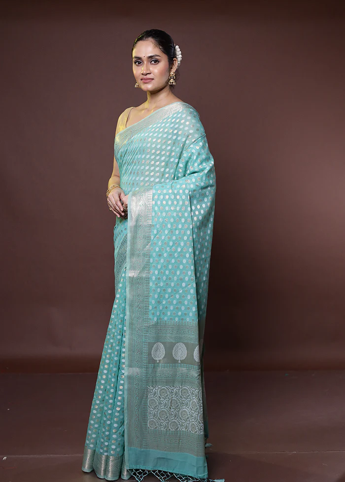 Blue Kora Silk Saree With Blouse Piece - Image 4