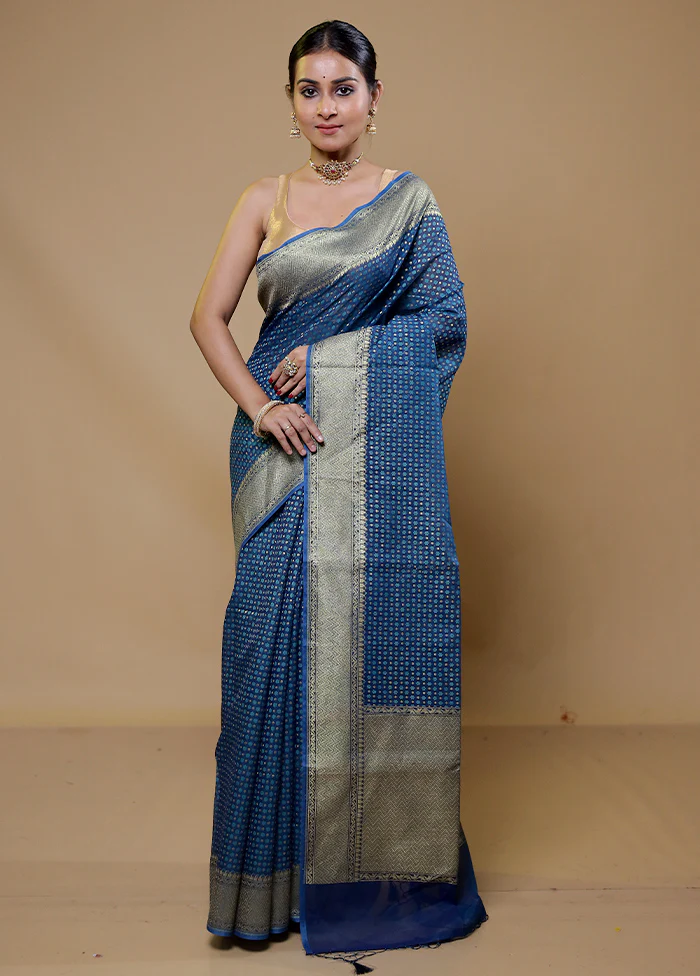Blue Kora Silk Saree With Blouse Piece - Image 2