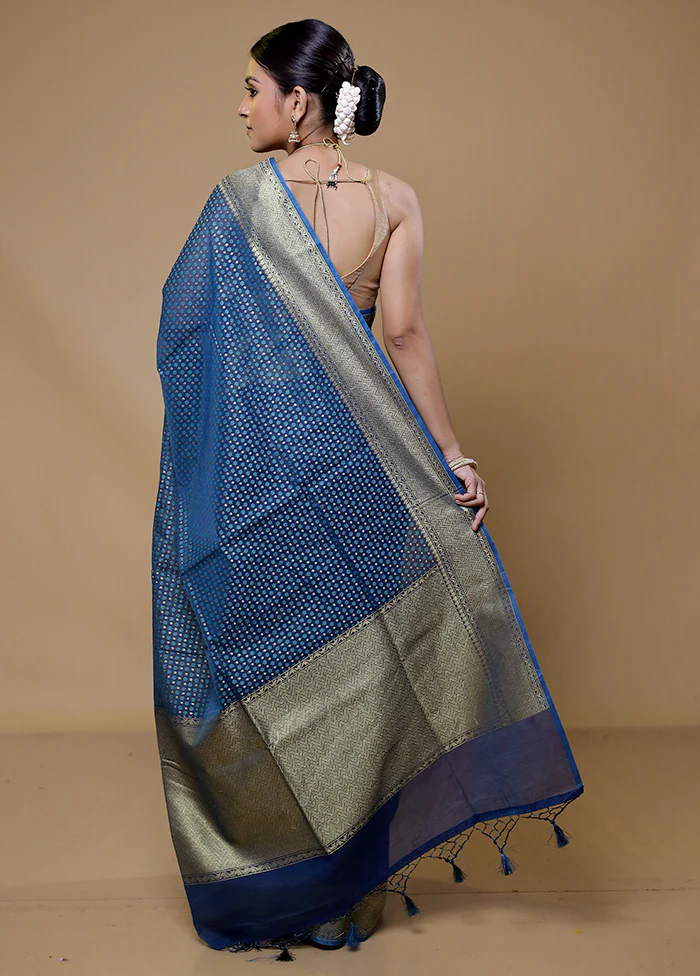 Blue Kora Silk Saree With Blouse Piece - Image 3