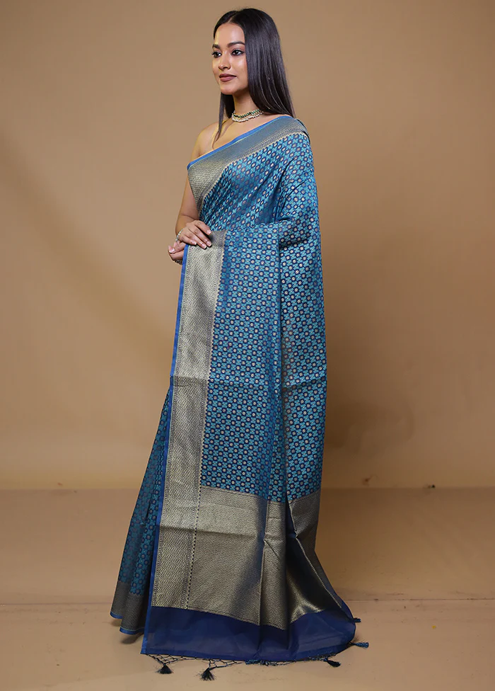 Blue Kora Silk Saree With Blouse Piece - Image 4