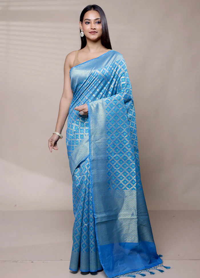 Blue Kora Silk Saree With Blouse Piece - Image 2