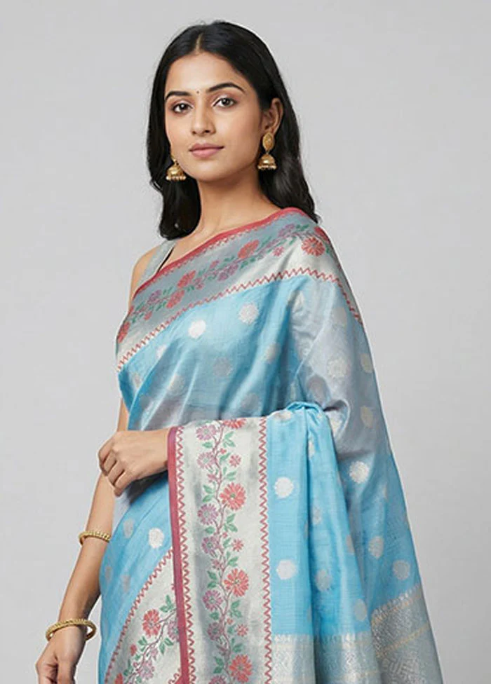 Blue Kora Silk Saree With Blouse Piece - Image 2