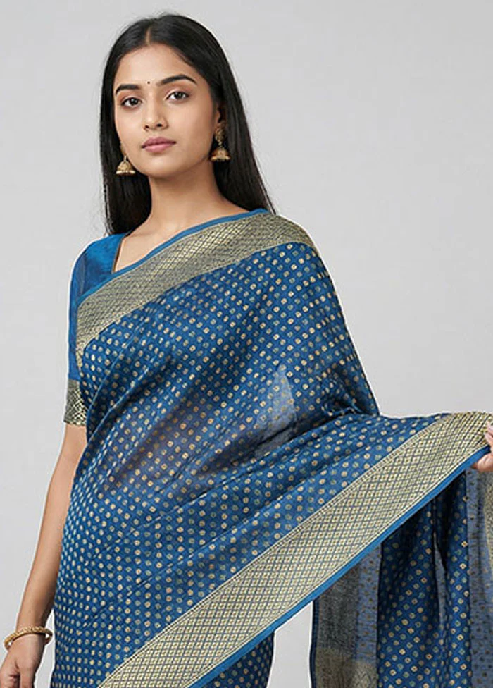 Blue Kora Silk Saree With Blouse Piece - Image 2