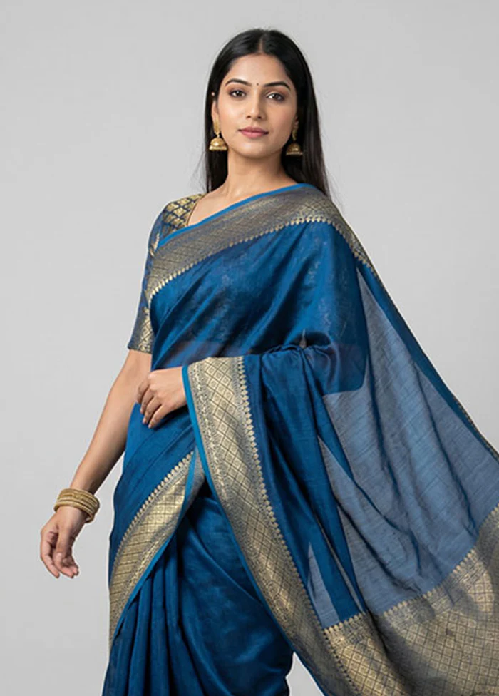Blue Kora Silk Saree With Blouse Piece - Image 2