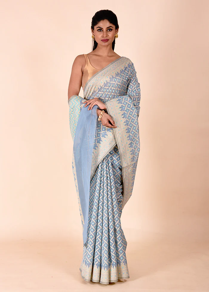 Blue Kora Silk Saree With Blouse Piece - Image 2