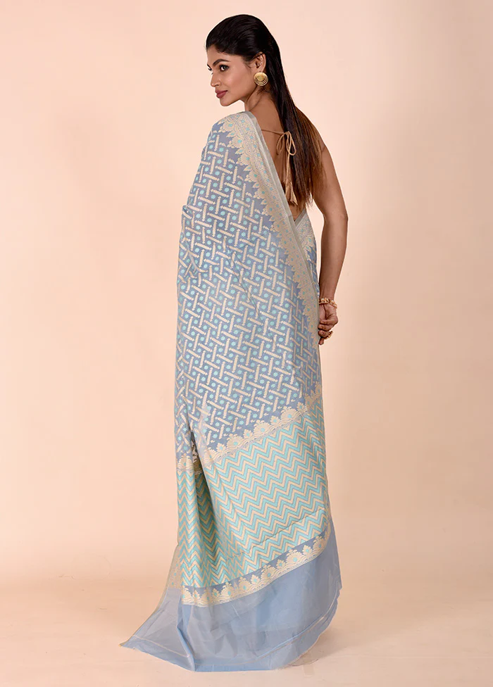Blue Kora Silk Saree With Blouse Piece - Image 3