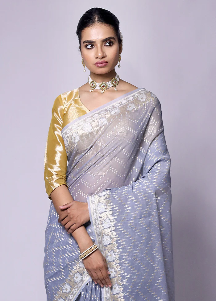 Grey Kora Silk Saree With Blouse Piece - Image 2